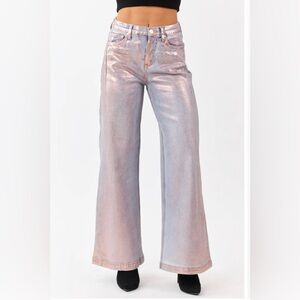 Saige Shimmering Light Pink Wide Leg Tummy Control Jeans